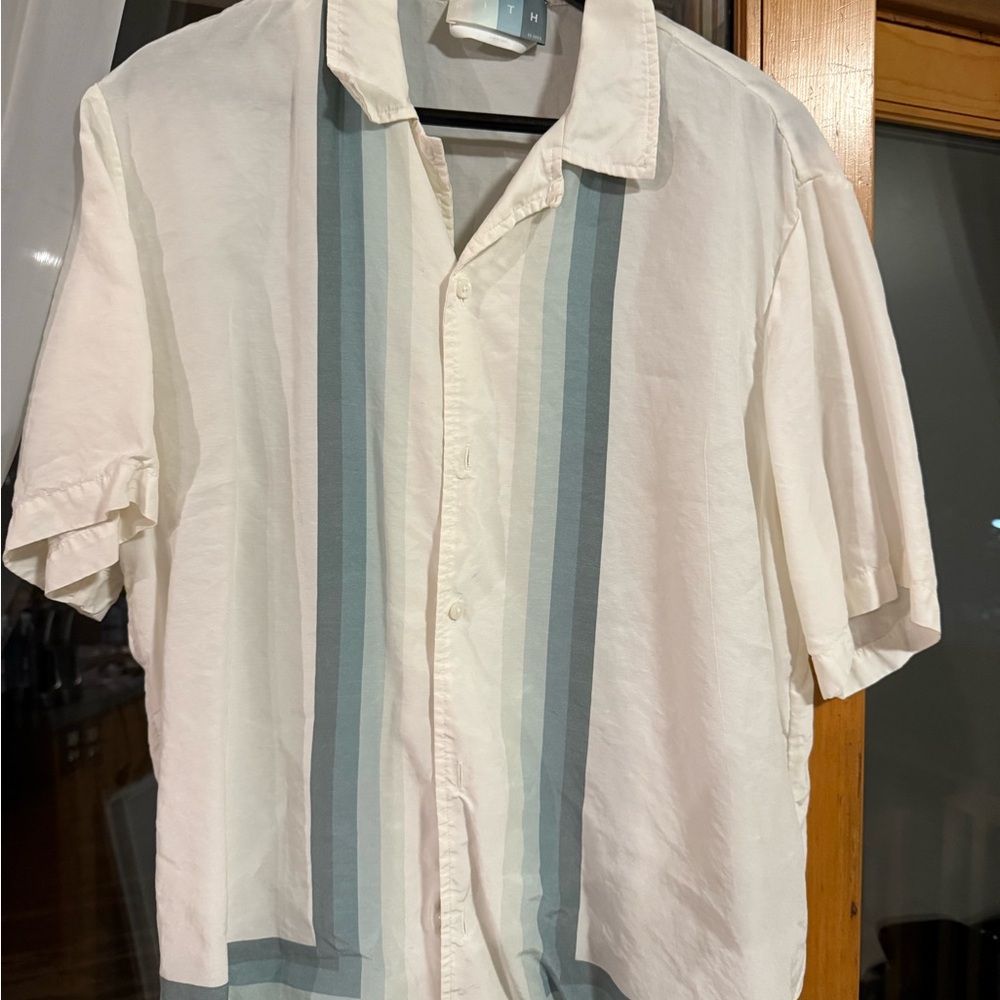 Kith Men's Cream and Blue Striped Button Down Shirt